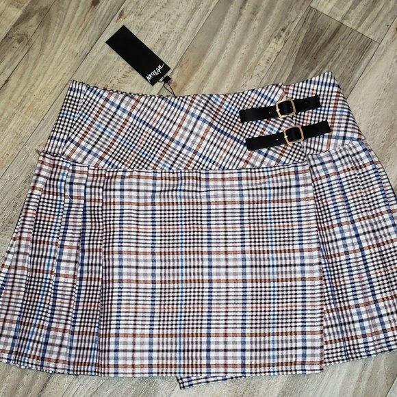 Nasty Gal White/Orange Pleated Plaid/Tartan Skirt